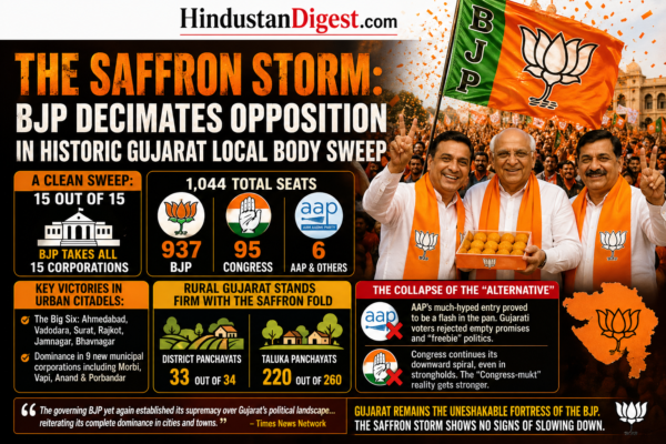 The Saffron Storm: BJP Decimates Opposition in Historic Gujarat Local Body Sweep.