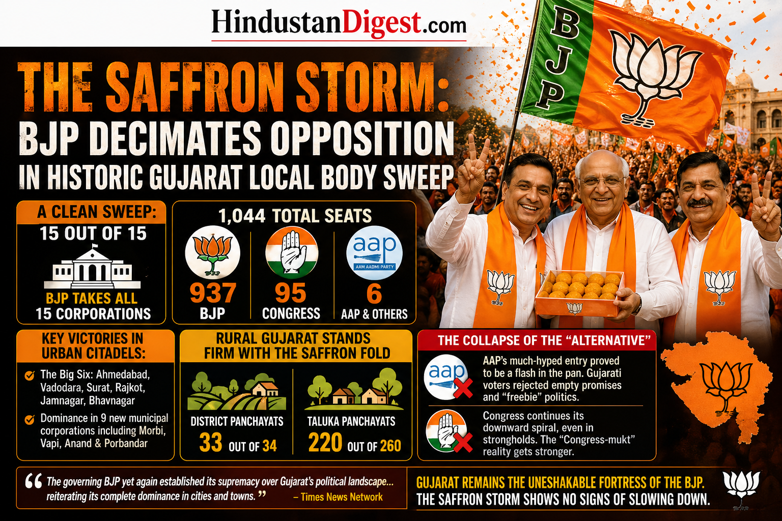 The Saffron Storm: BJP Decimates Opposition in Historic Gujarat Local Body Sweep.
