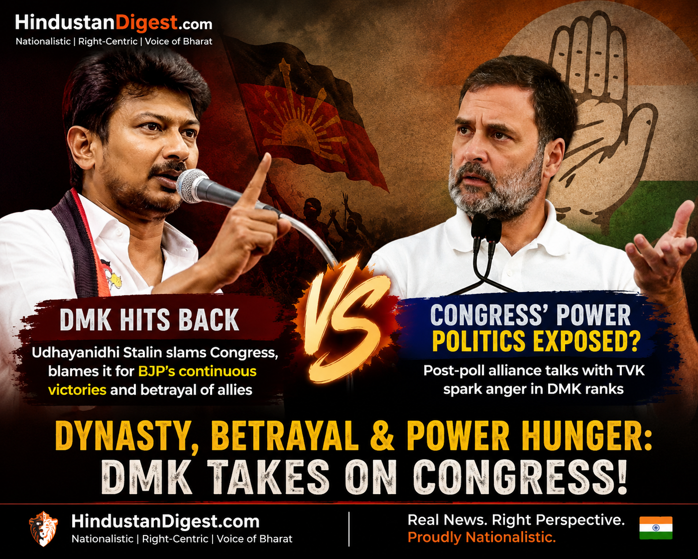 DMK Hits Back at Congress Opportunism: Udhayanidhi Stalin’s Sharp Attack Exposes Congress’ Power Politics and Dynasty Culture.