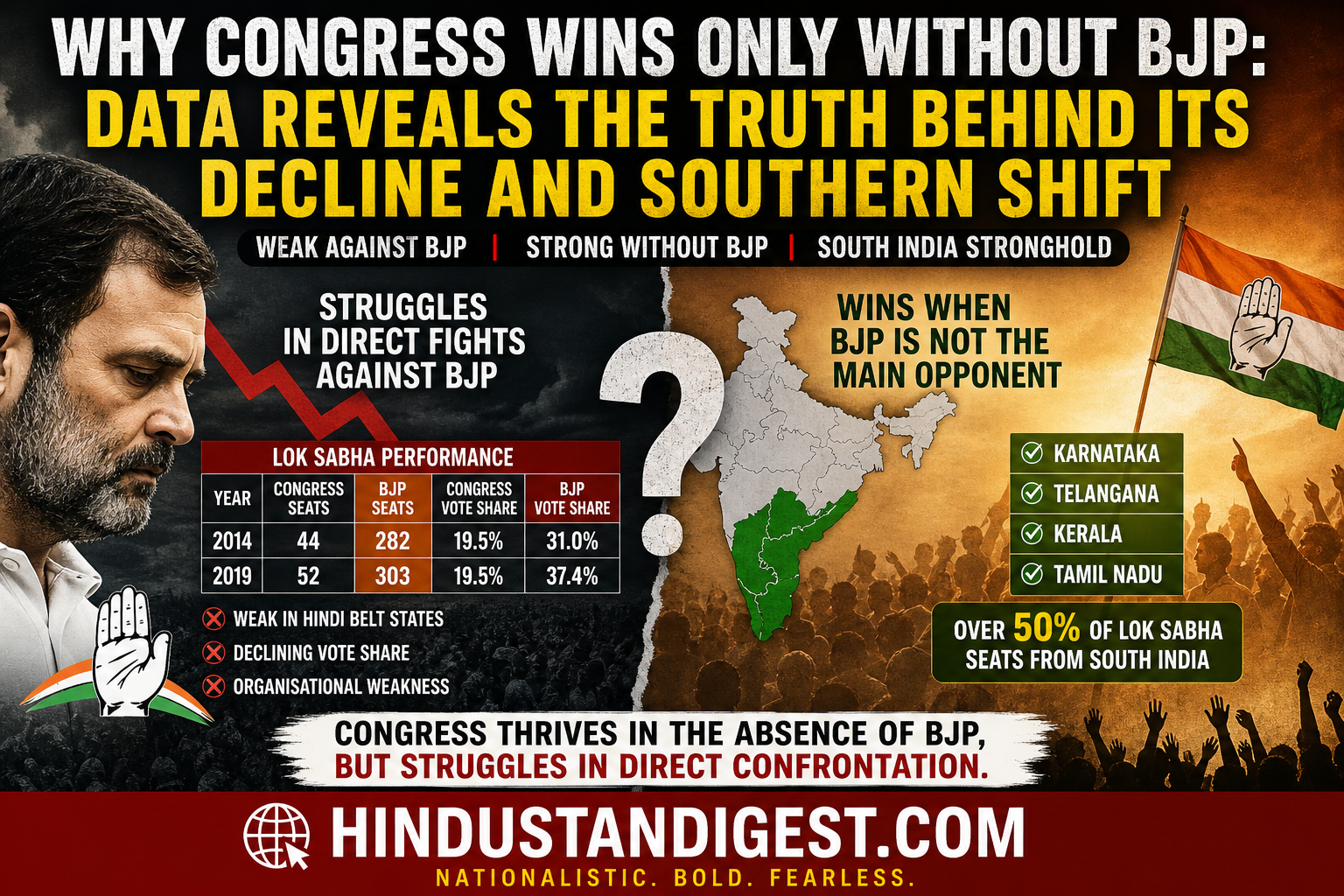 Why Congress Wins Only when its fight is with a non-BJP party: Data Reveals the Truth Behind Its Decline and Southern Shift.