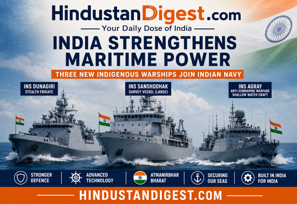 India Strengthens Maritime Power with Three New Indigenous Warships: INS Dunagiri, INS Sanshodhak and INS Agray Join Naval Fleet.